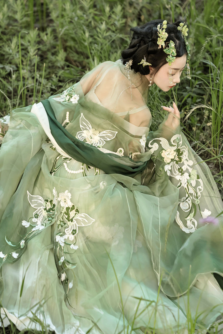 Emerald Qingyao Butterfly Flowers Embroidery Chinese Hanfu Full Set