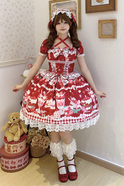 Red Strawberry Parfait Print Short Sleeve Ruffle Bow Lace Lace-Up Sweet Lolita Dress