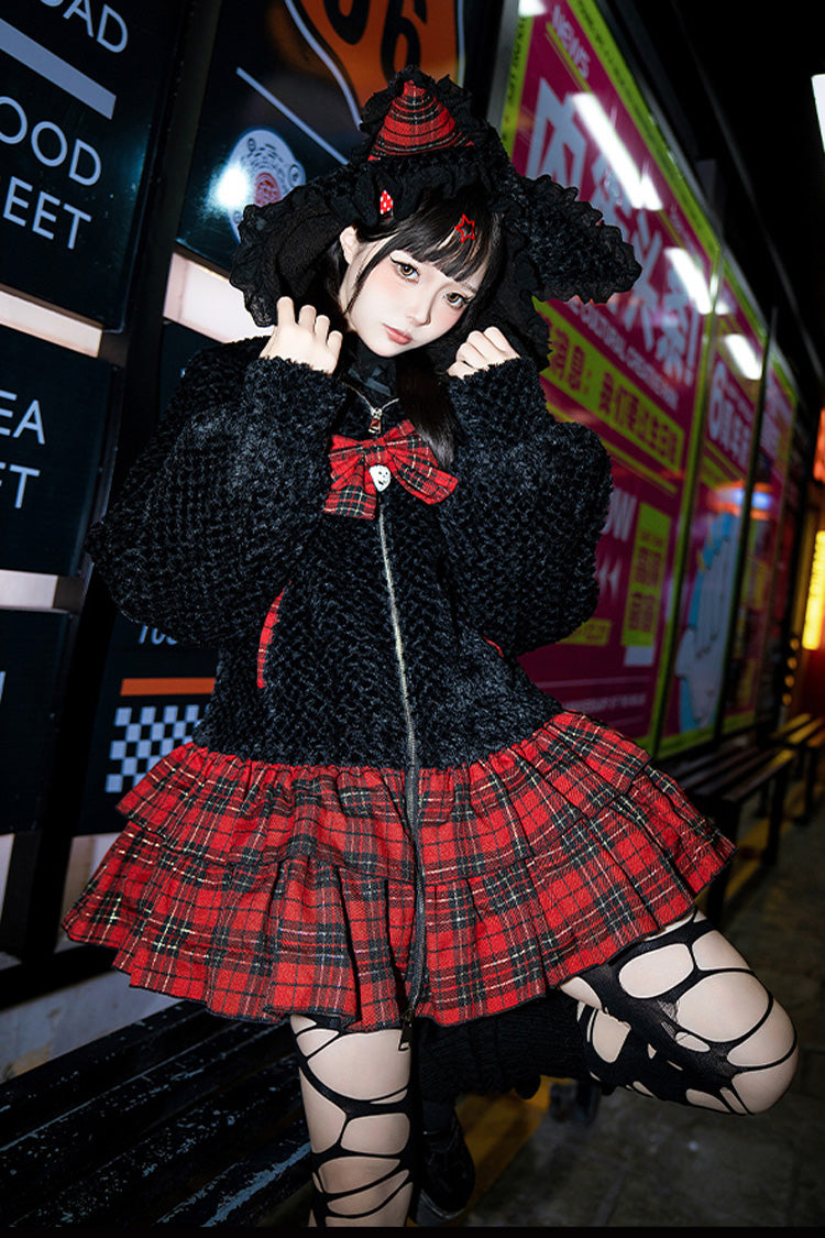 Night Cat Plaid Hooded Sweet Lolita Skirt Coat - Noir