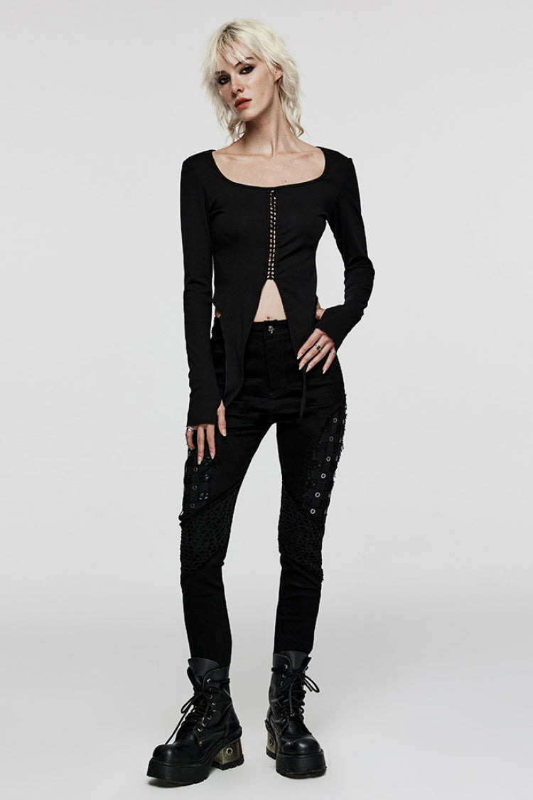 Sleek Mesh Stitched Steampunk Trousers with Metal Grommets