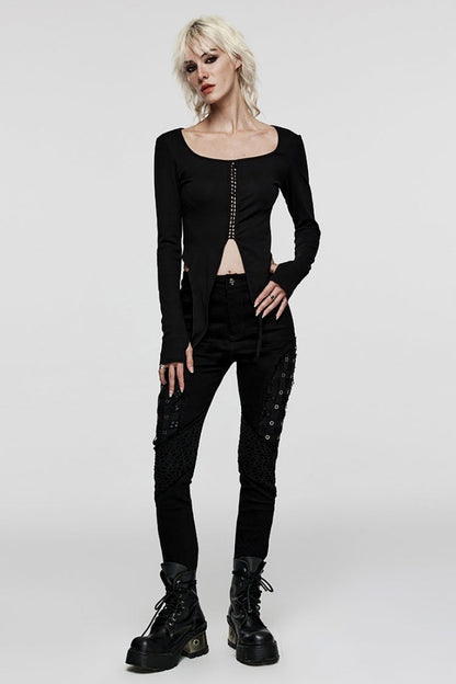 Sleek Mesh Stitched Steampunk Trousers with Metal Grommets