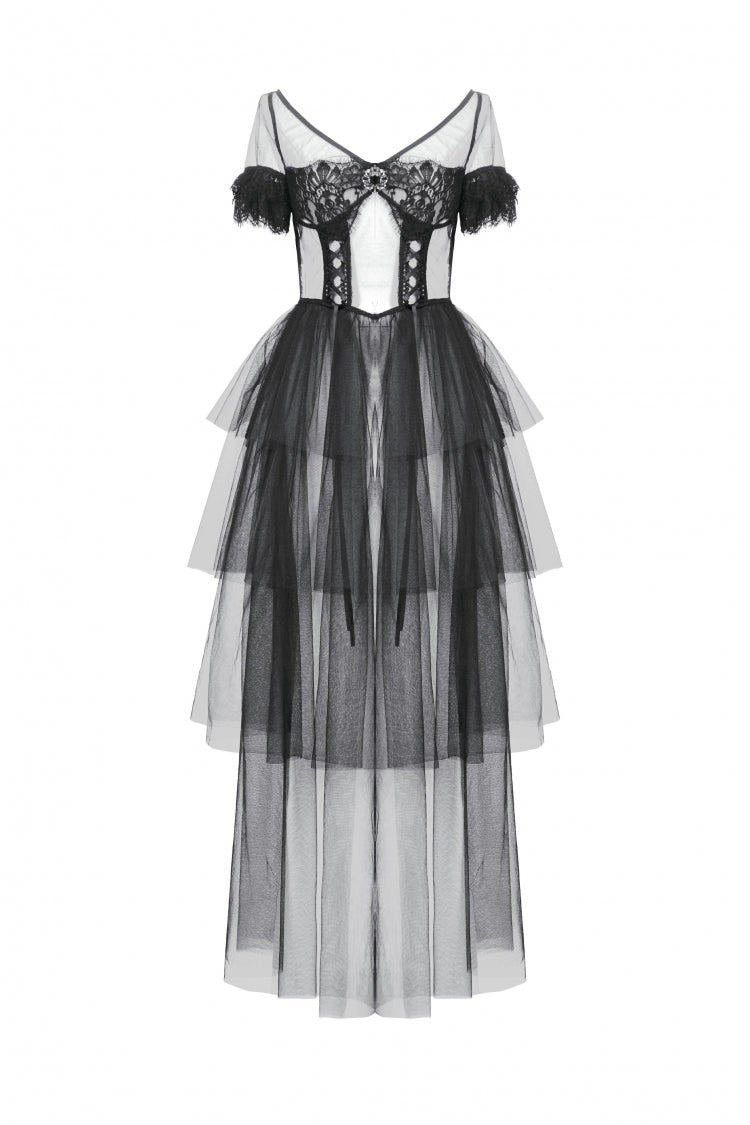 Ebony V-Neck Short Sleeve Sheer Mesh Layered Dress