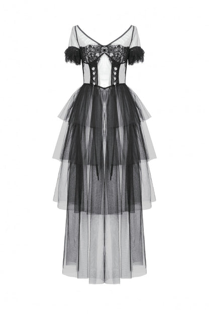 Ebony V-Neck Short Sleeve Sheer Mesh Layered Dress
