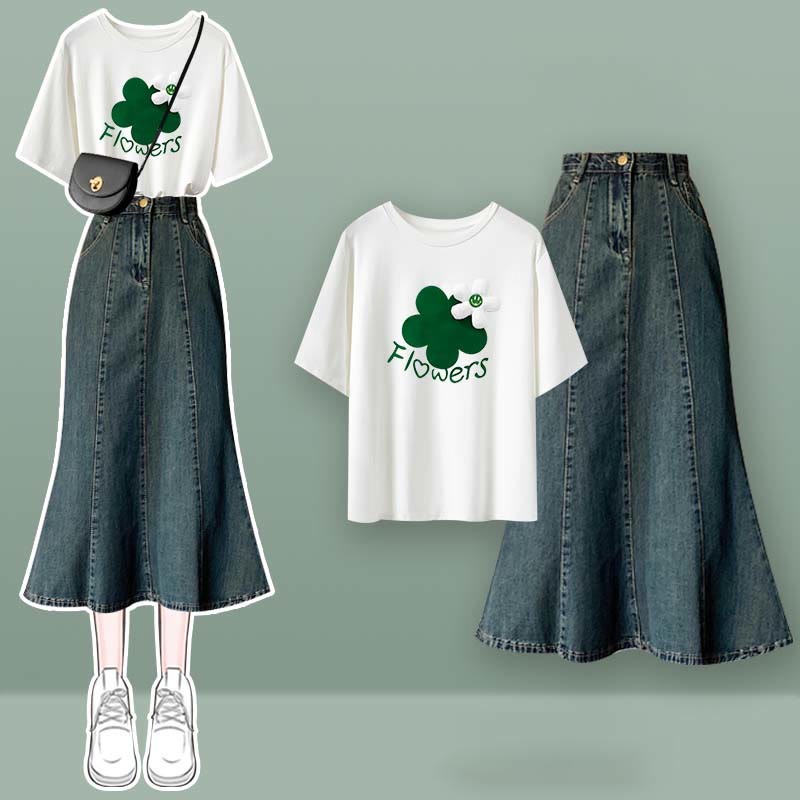 Crop Fishtail Set Tulle Top Bow Two Skirt T-Shirt Knot Denim Butterfly Pieces