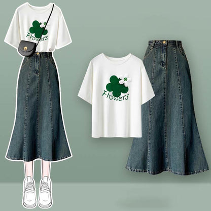 Crop Fishtail Set Tulle Top Bow Two Skirt T-Shirt Knot Denim Butterfly Pieces