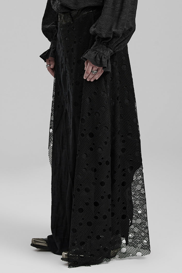 Men's Gothic Long Skirt with Mesh and Ripped Edges