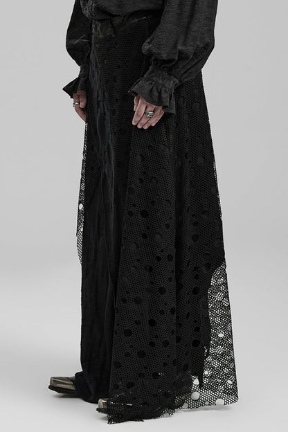 Men's Gothic Long Skirt with Mesh and Ripped Edges