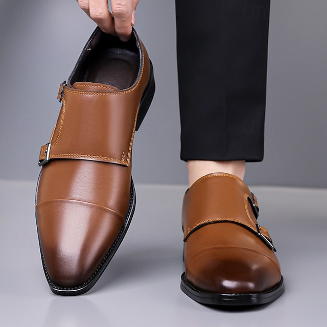 Strap Elegant Men's Shoes Dress Monk – Double Leather