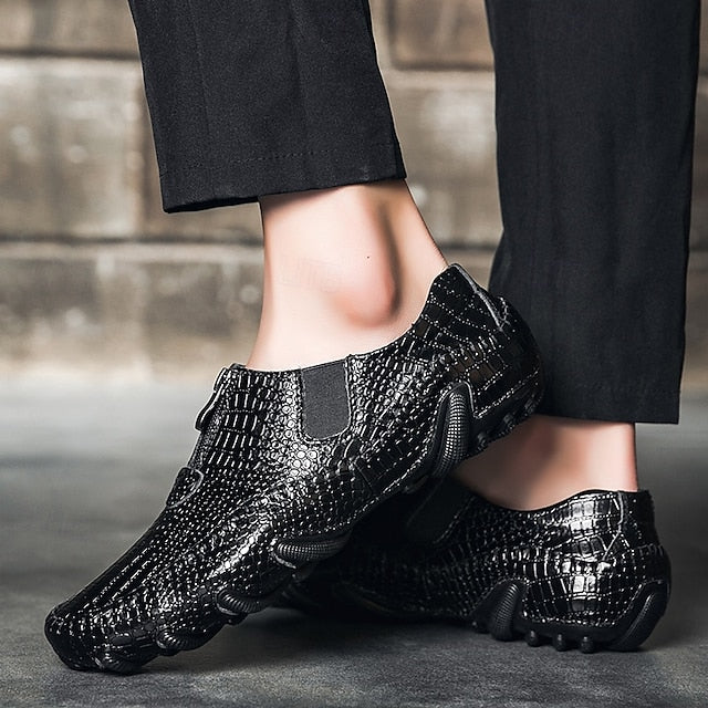 Men's Crocodile Pattern Leather Loafers - Stylish Slip-On