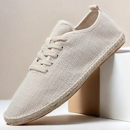 Men's Beige Canvas Lace-Up Espadrille Shoes with Jute Rope