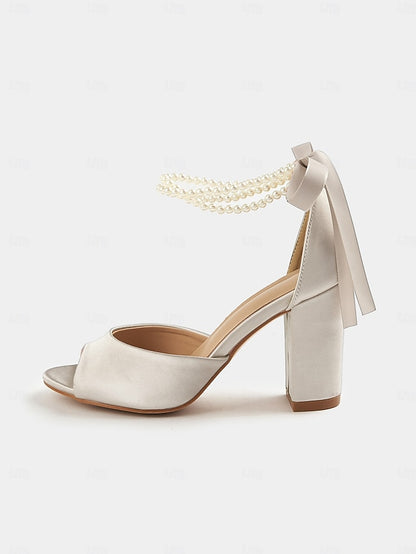 Heel Satin Pearl Block Ankle with Women's Peep-Toe Sandals