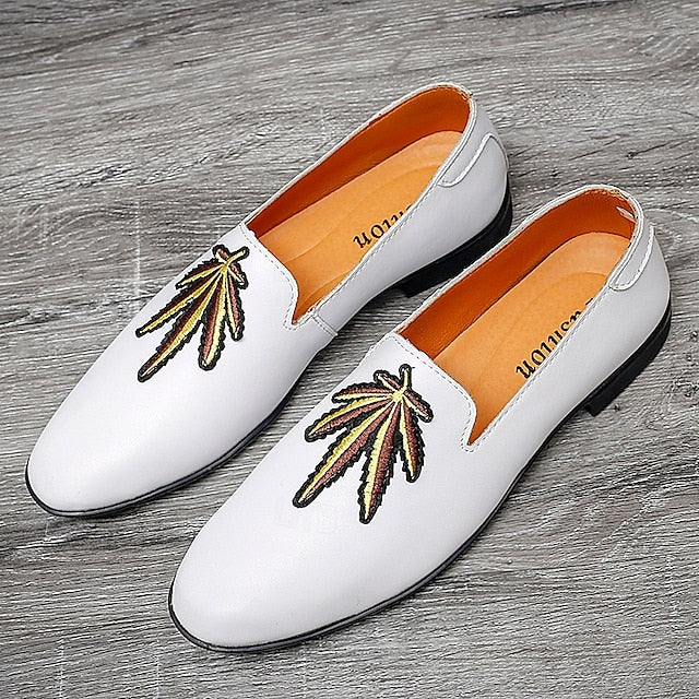 Men's Prom Shoes - White Faux Leather Loafers with Feather