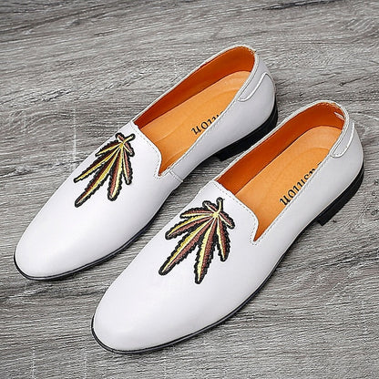 Men's Prom Shoes - White Faux Leather Loafers with Feather