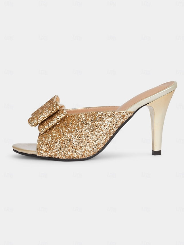 Mules Glamorous Bow Gold Women's Glitter Party – Stiletto