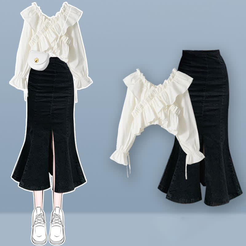 Cross Top Skirt Set Ruffled Crop Denim Fishtail