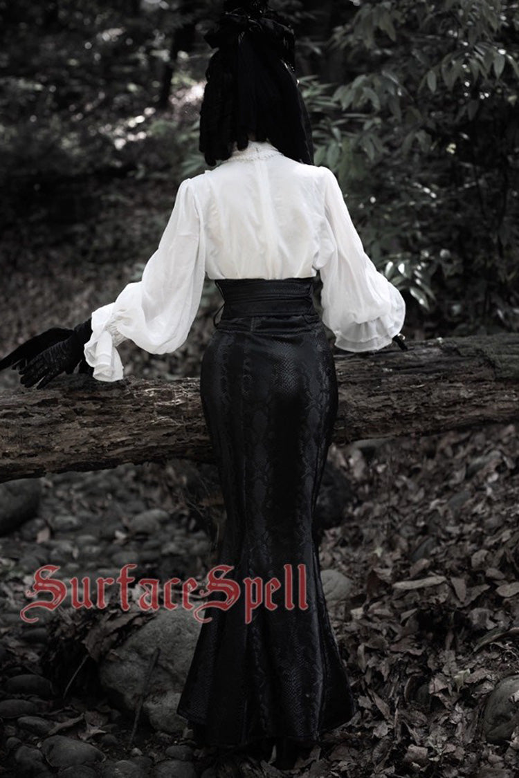 Snake Print Flared Fishbone Mermaid Gothic Lolita Skirt in Black Faux Leather