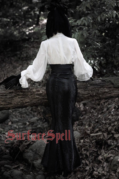Snake Print Flared Fishbone Mermaid Gothic Lolita Skirt in Black Faux Leather
