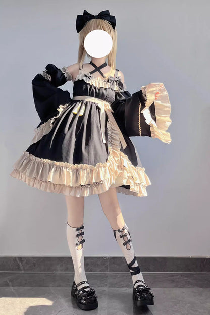High-Waisted Asymmetric Ruffled Bowknot Gothic JSK