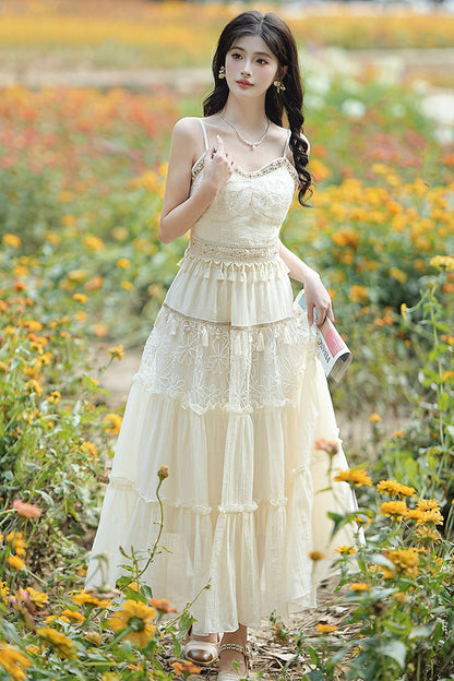 Apricot Bohemian Sleeveless Ruffle Embroidered Sweet Lolita Skirt Set