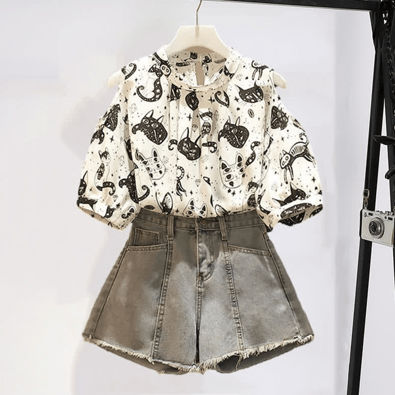 Chiffonhemd mit kaltem Schulter-Print und Kitty-Print, lässige Jeansshorts