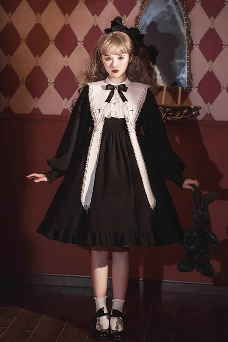 Classic Gothic Elegant Nun Dress with Long Sleeves and Ruffled Bow