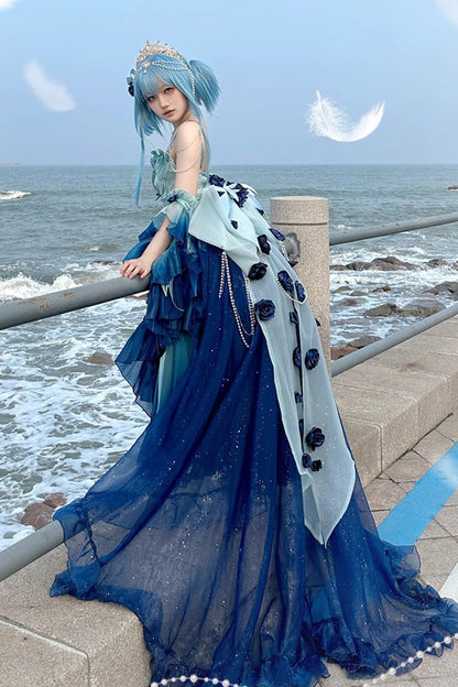 Undersea Blue Sweet Ballet Lolita Swan Wonderland Embroidery Lace-Up Asymmetric JSK Dress