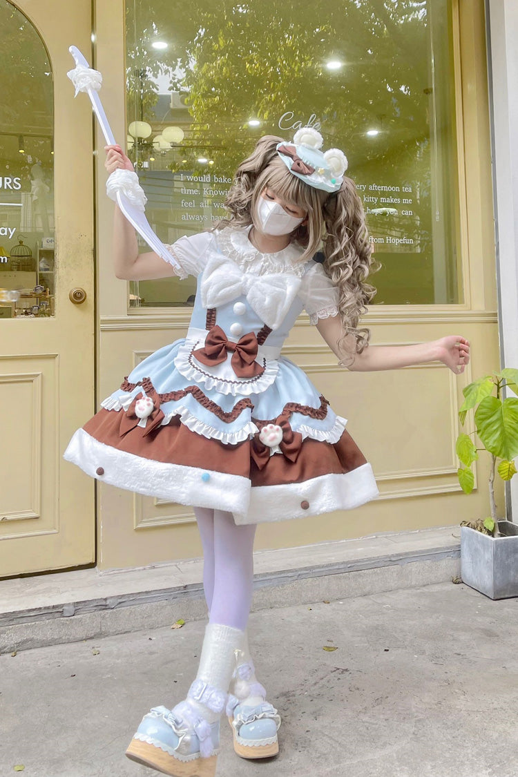 Blue/Brown Sweet Lolita Winter Ruffle Bowknot JSK Dress