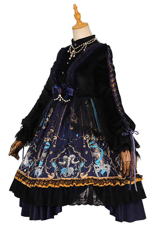 Black Gothic Lolita OP Dress with Lace Ruffled Long Sleeves