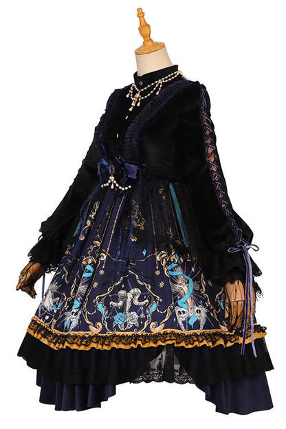 Black Gothic Lolita OP Dress with Lace Ruffled Long Sleeves