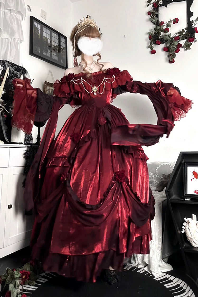 Crimson Tana Manor Rose Long Sleeve Ruffle Bow Elegant Goth Princess Lolita Off-Shoulder Dress