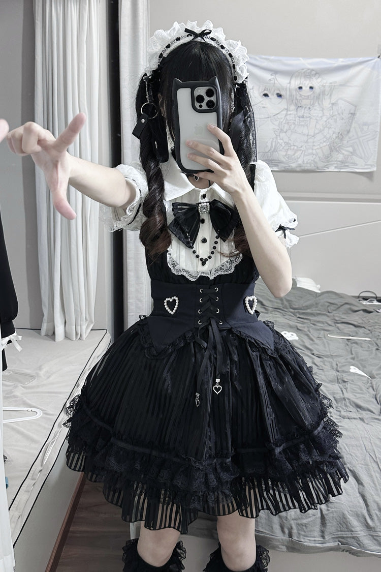 Stripe Print Bowknot Lace Gothic Jirai Kei Dress