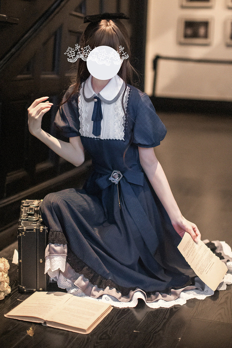 Lapel-Collar Vintage Dress with Bow Print and Short Sleeves