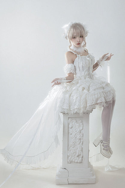 White Rose Memoirs Sleeveless Multi-Layer Bow Lace Sweet Lolita Skirt Set