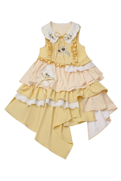 Orange Diary Layered Print Embroidered Bow Lace Asymmetric Sweet Lolita Jumper in Yellow