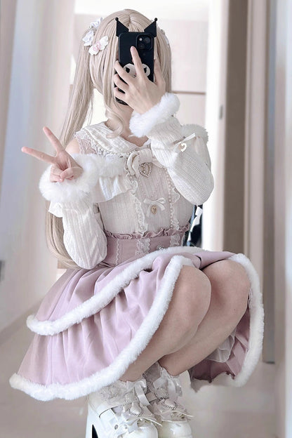 Pink Double-Layer Ruffle Lace Japanese Skirt