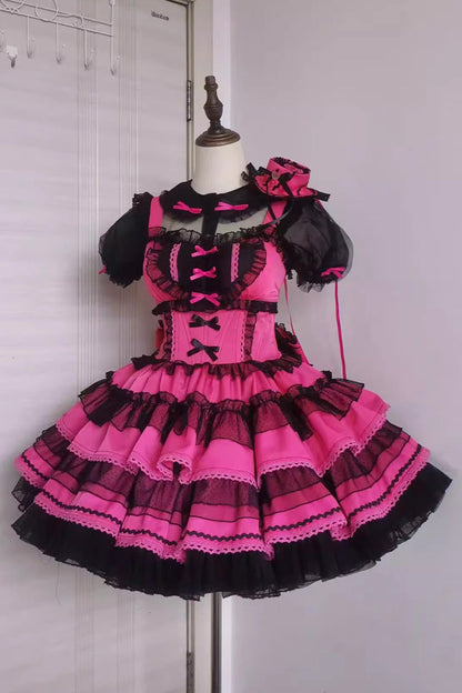 Rose Pink Layered Bow Lace Sweet Lolita Dress