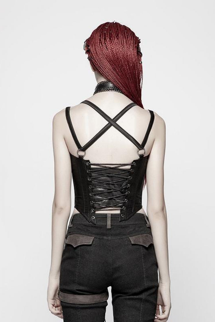Steampunk Women's Short Corset with Faux Leather Strap Back Print and Lace-Up