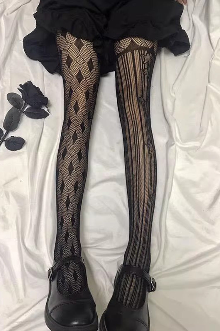 Gothic Lolita Tights with Asymmetric Stripes and Mesh