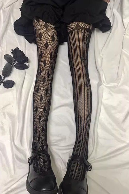 Gothic Lolita Tights with Asymmetric Stripes and Mesh