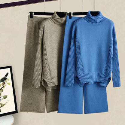Sweater Cable Color Pants Leg Wide Set Turtleneck Pure
