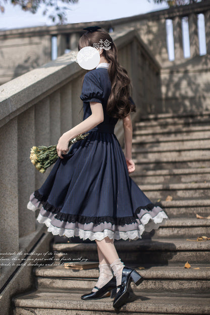 Lapel-Collar Vintage Dress with Bow Print and Short Sleeves