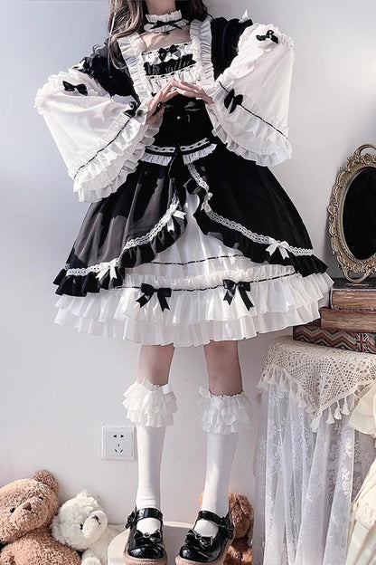 Hime Sleeves Gothic Princess Dress with Multi-Layer Ruffled Cardigan and Bow