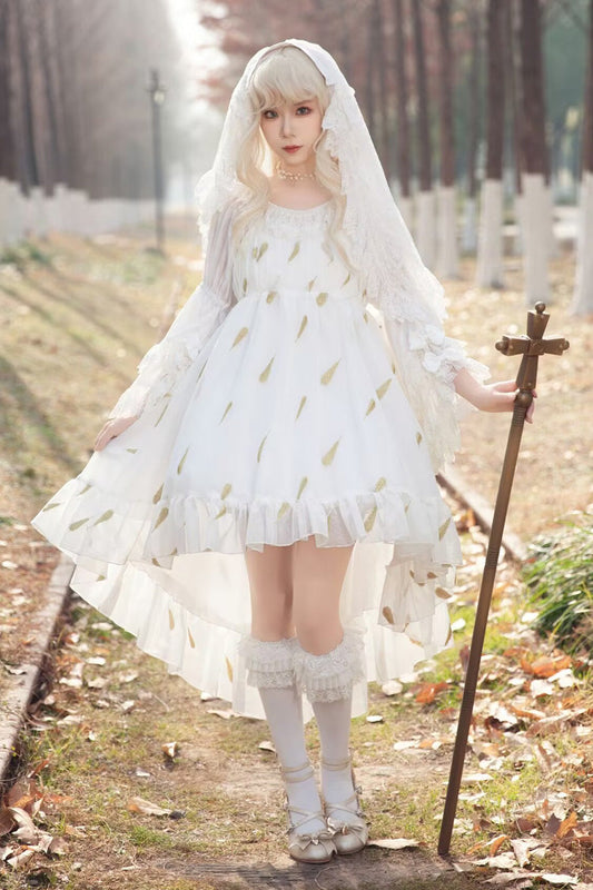Feather Snowflake Embroidery Print Sleeveless Ruffle Bow Sweet JSK Dress