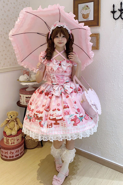 Pink Strawberry Parfait Print Short Sleeve Ruffle Bow Lace Lace-Up Sweet Lolita Dress