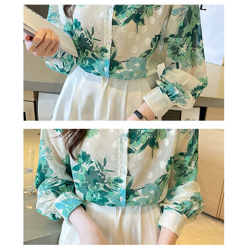 Chemise en mousseline à manches bouffantes et imprimé floral vert