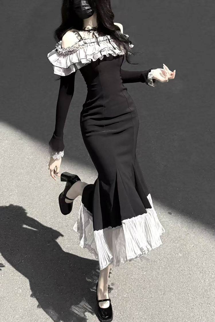 Ruffled Bowknot Fishtail Sweet Elegant Long-Sleeve Dress