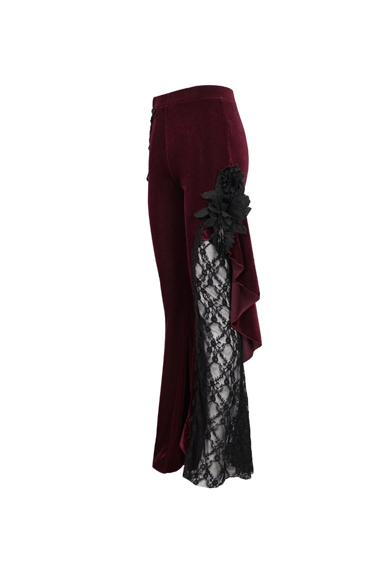 Velvet Single Side Stitching Rose Net Side Rope Flare Gothic Pants