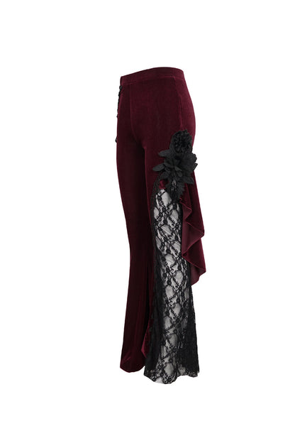 Velvet Single Side Stitching Rose Net Side Rope Flare Gothic Pants
