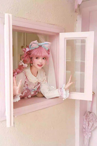 White and Pink Little Fox Multi-Layer Ruffled Bow-Trim Long-Sleeved Sweet Lolita Dress