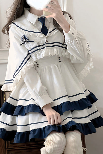 White Long Sleeve Double-Layer Ruffle Sweet College Lolita Dress